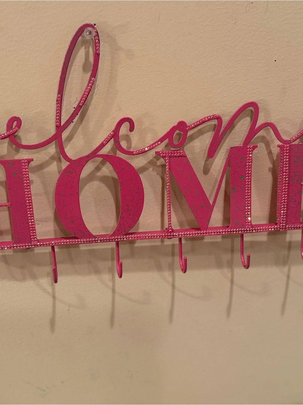 “Welcome Home “Pink Wall Hook Rack for keys Rhinestone accents